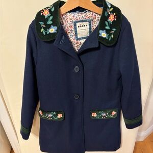 Boden Kids Dark Blue Coat with Floral Embroidery